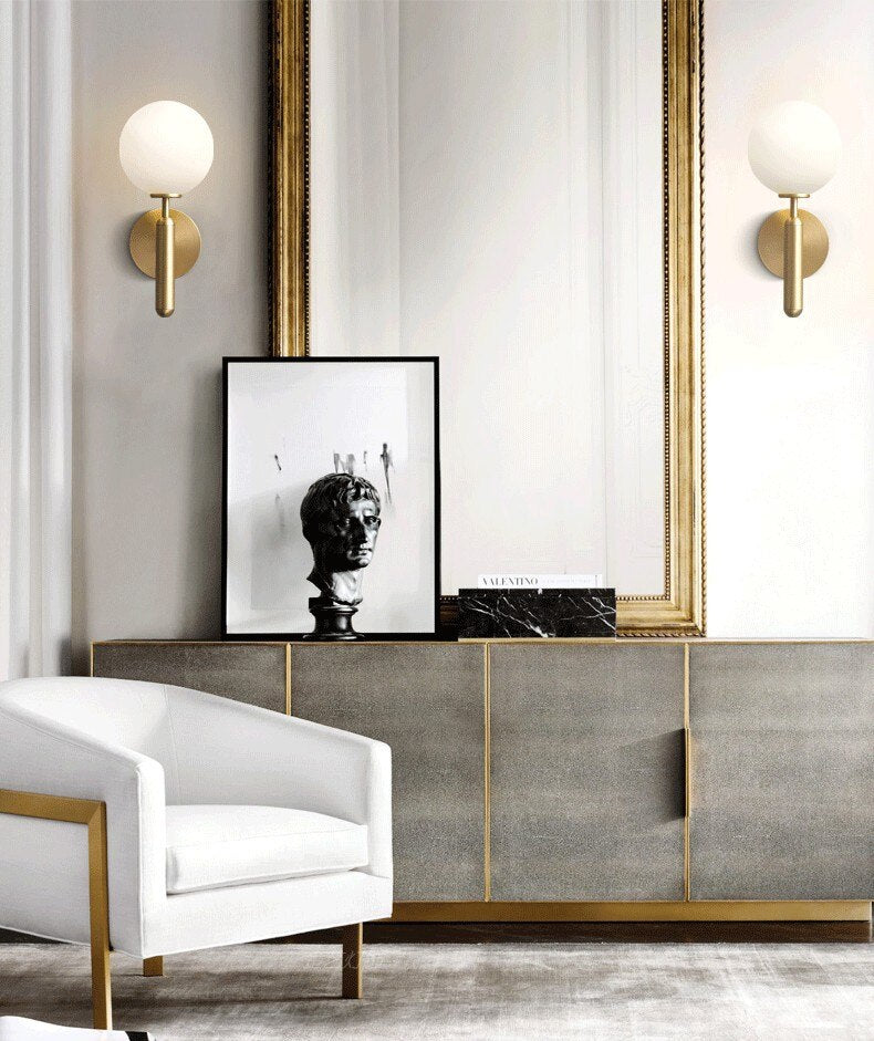 Modern Mini Glass Globe Brass Scone Wall Light