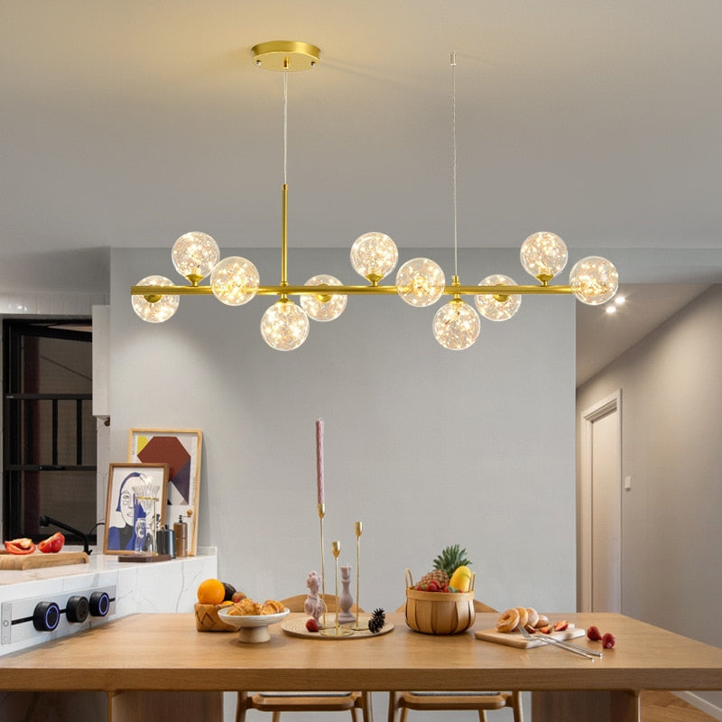 Modern Glass Globes on Long Bar Chandelier