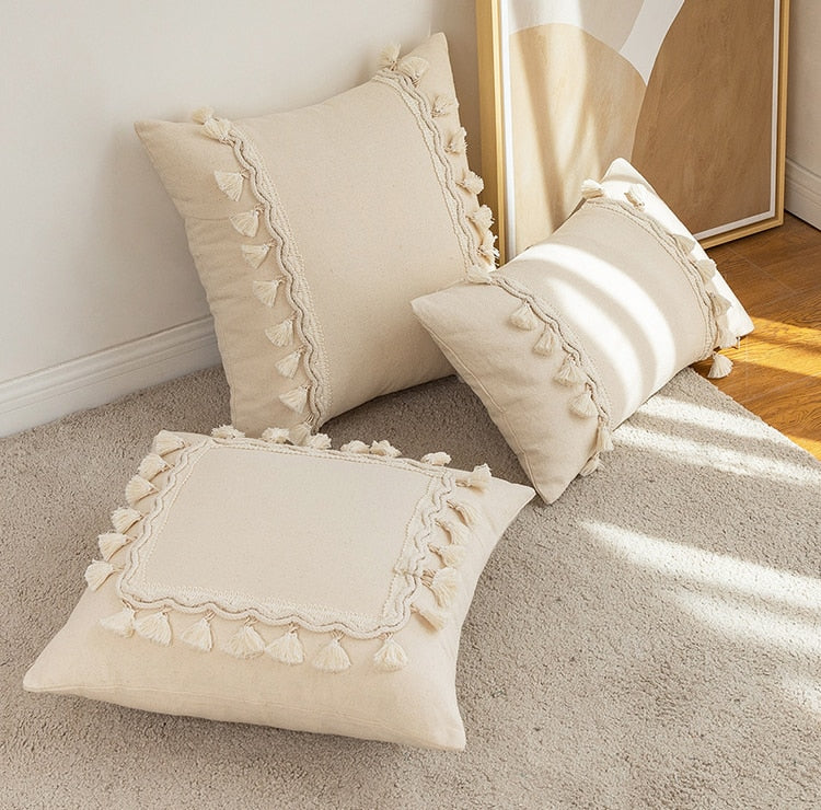 Japandi Style Off-white Tassel Decorative Pillow