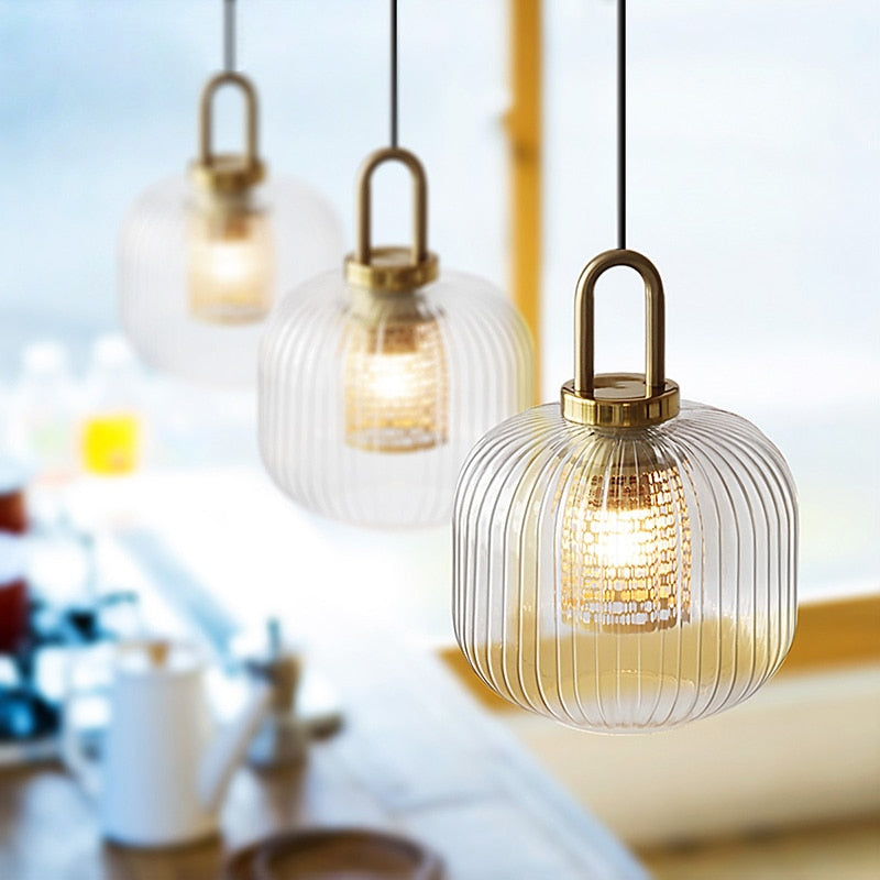 Modern Touch Switch Ribbed Glass Pendant Light