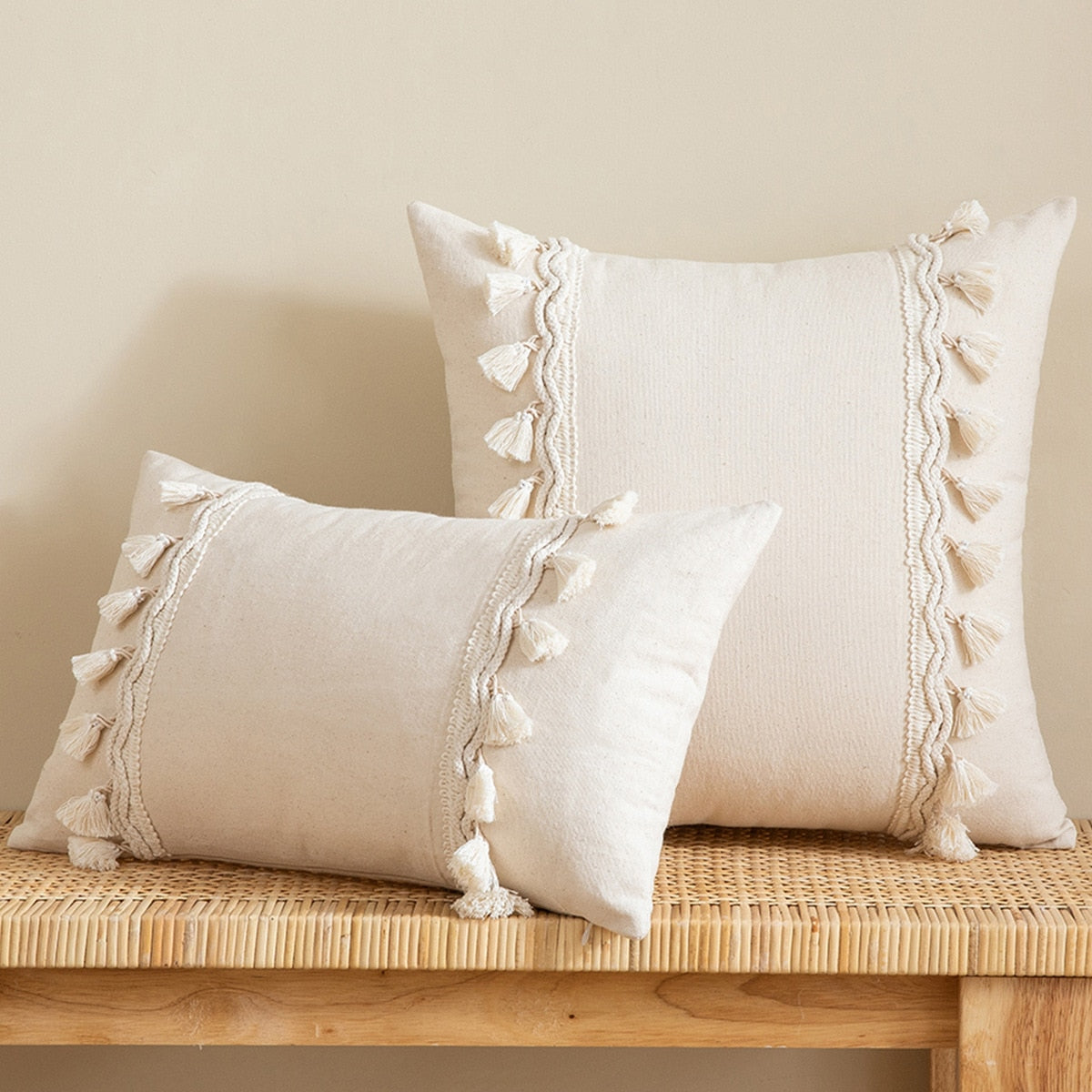 Japandi Style Off-white Tassel Decorative Pillow