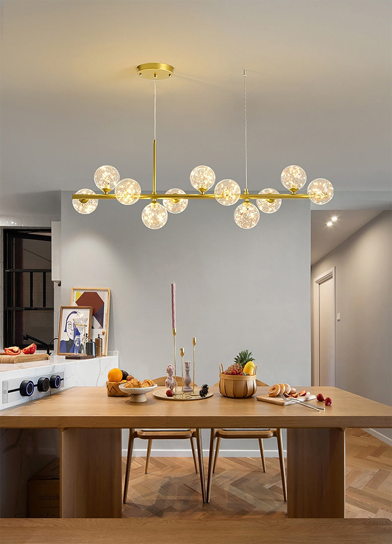 Modern Glass Globes on Long Bar Chandelier