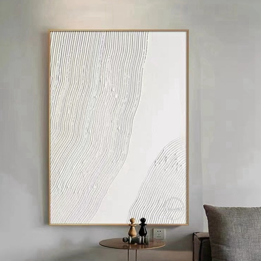 Fuji Collection A02 Hand-painted Abstract White Line Wall art (Unframed)