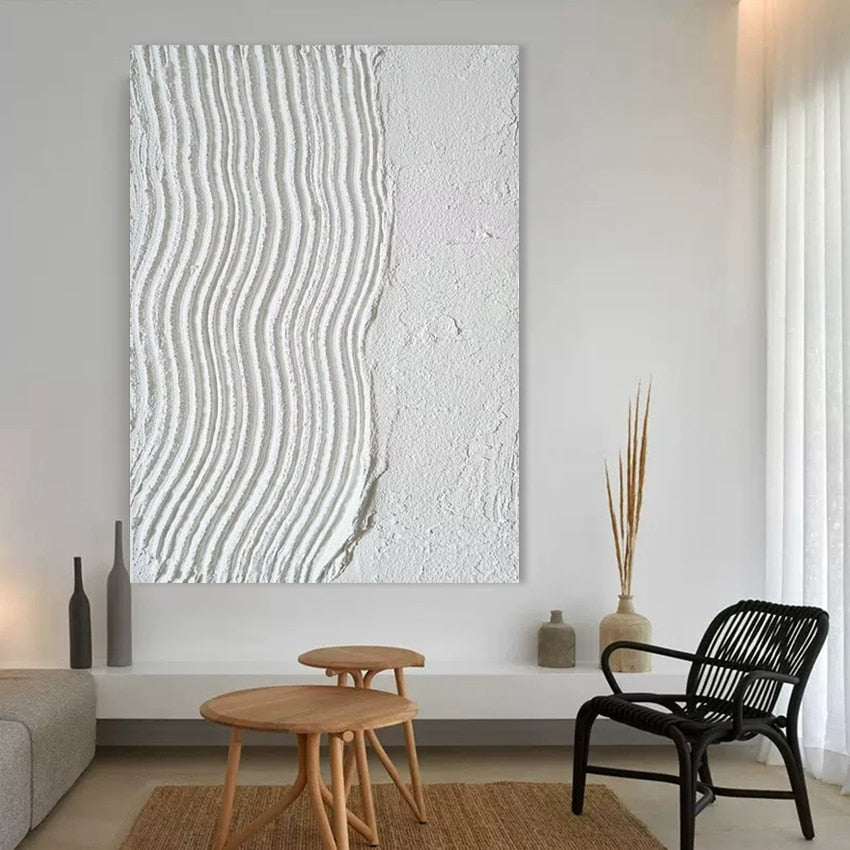 Fuki Collection A05 Hand-painted Abstract White Line Wall art (Unframed)