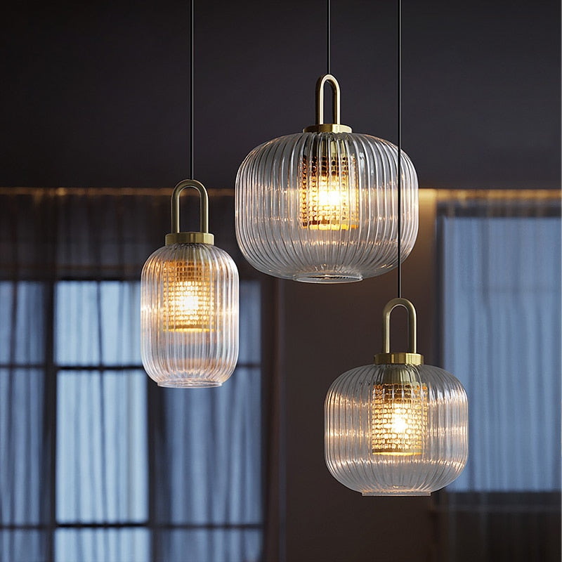 Modern Touch Switch Ribbed Glass Pendant Light