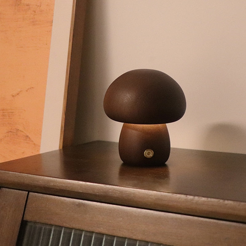 Mini LED Wooden Mushroom Bedside Table Lamp