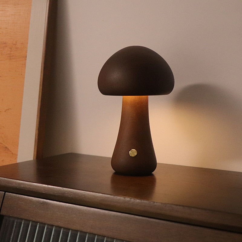 Mini LED Wooden Mushroom Bedside Table Lamp