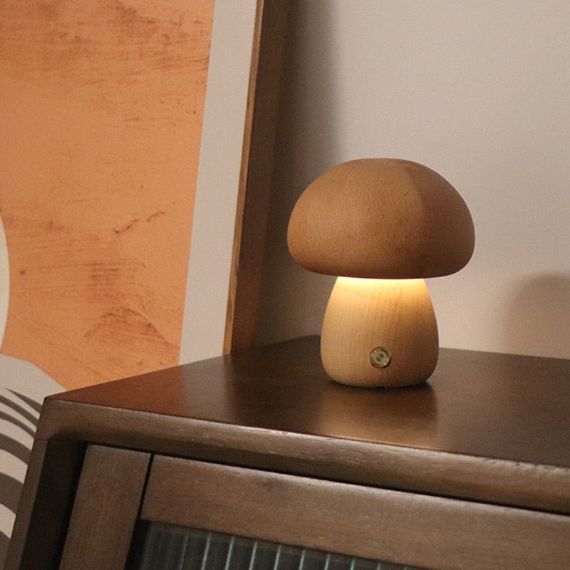 Mini LED Wooden Mushroom Bedside Table Lamp