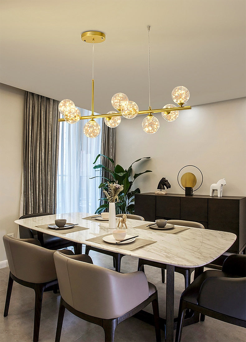 Modern Glass Globes on Long Bar Chandelier