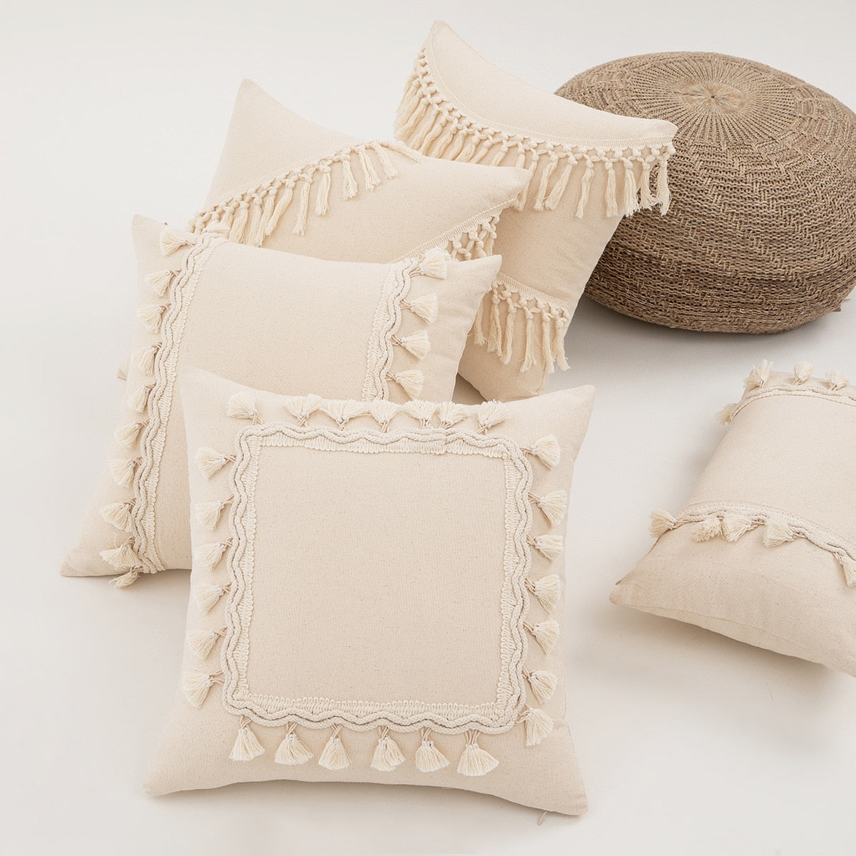 Japandi Style Off-white Tassel Decorative Pillow