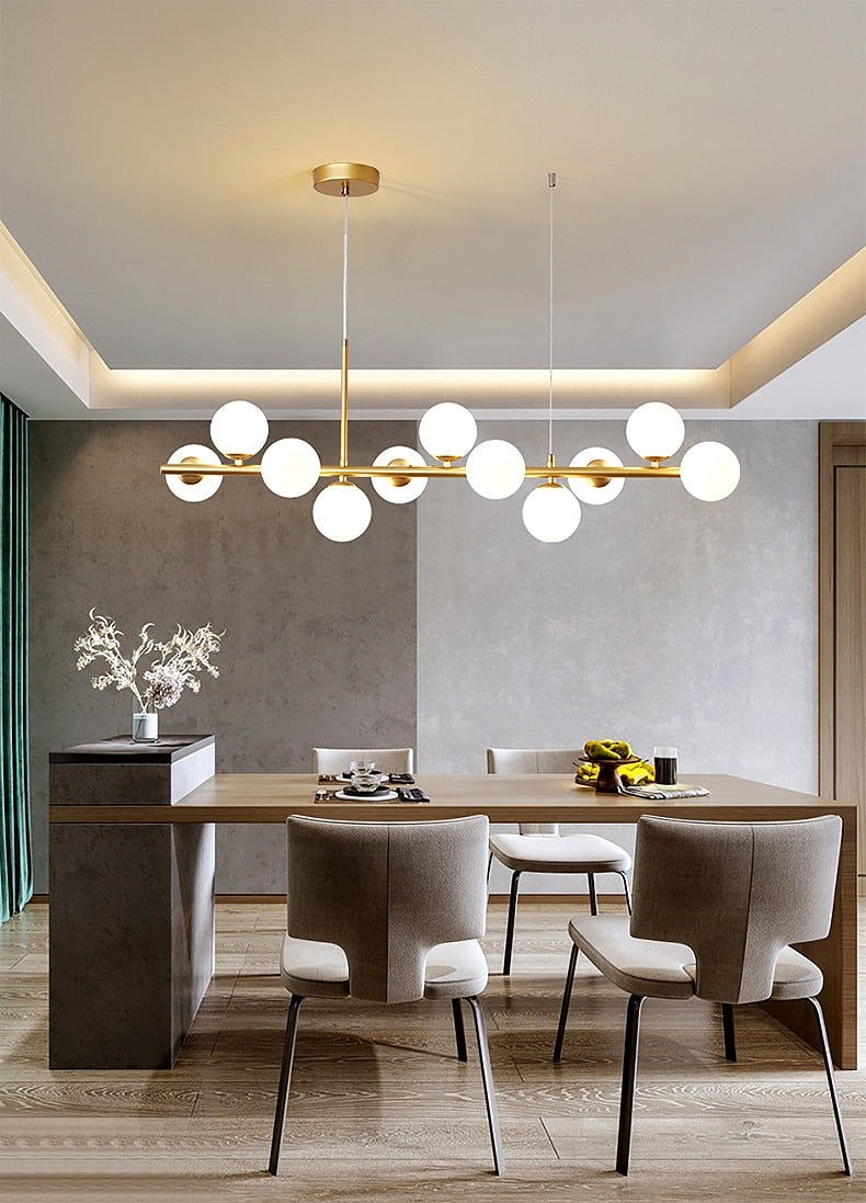 Modern Glass Globes on Long Bar Chandelier