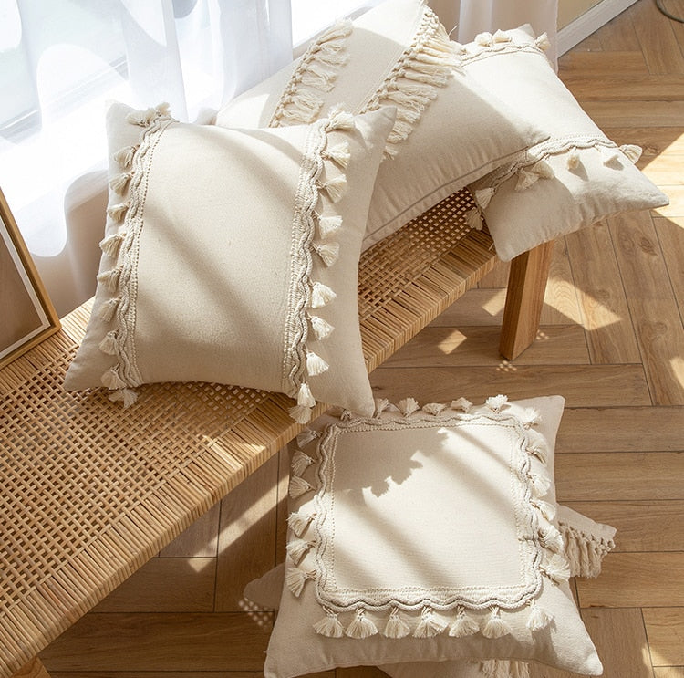 Japandi Style Off-white Tassel Decorative Pillow