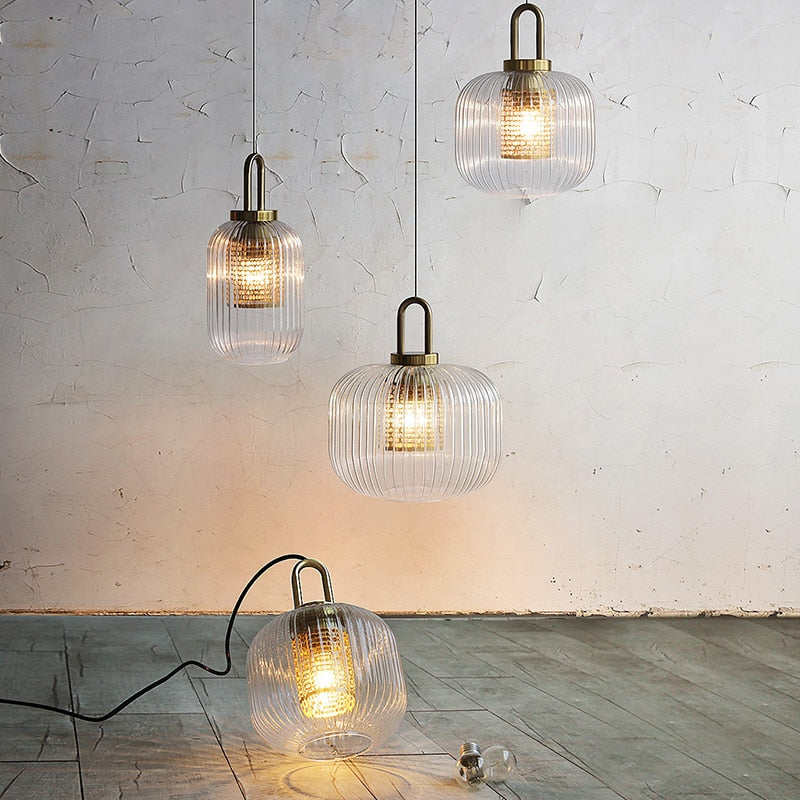 Modern Touch Switch Ribbed Glass Pendant Light