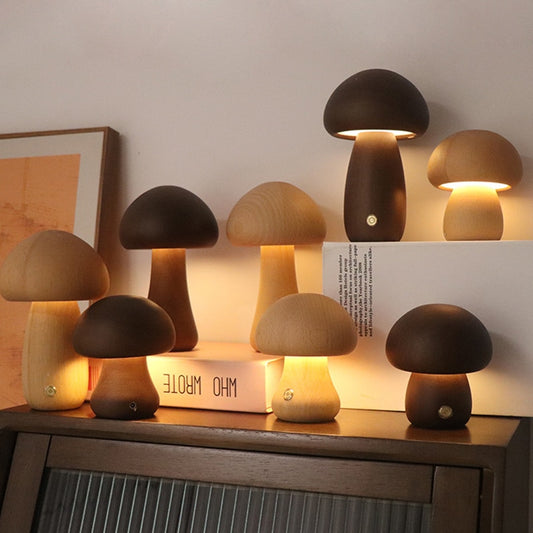 Mini LED Wooden Mushroom Bedside Table Lamp